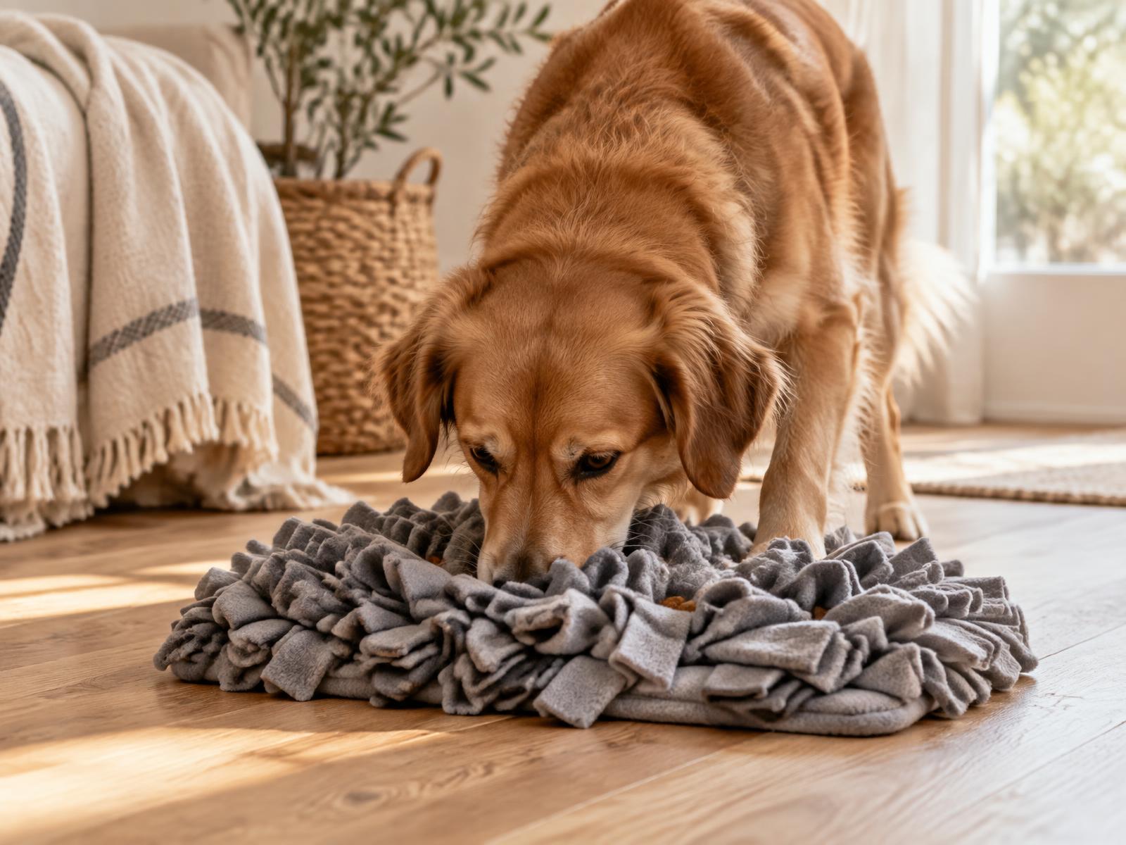 Dog sniffing for treats in a snuffle mat